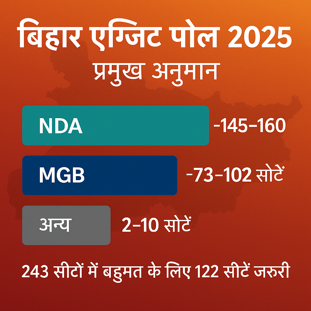 बिहार चुनाव 2025 Historic एग्जिट पोल NDA की Clear Majority के संकेत, महागठबंधन हुआ पीछे — जानें सीटों का पूरा अनुमान