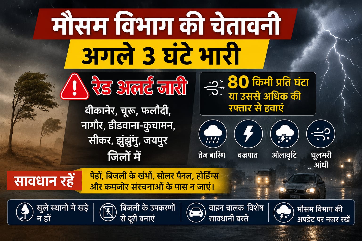 अगले तीन घंटे भारी: बीकानेर-चूरू समेत कई जिलों में रेड अलर्ट, 80 किमी की रफ्तार से चल सकती हैं हवाएं