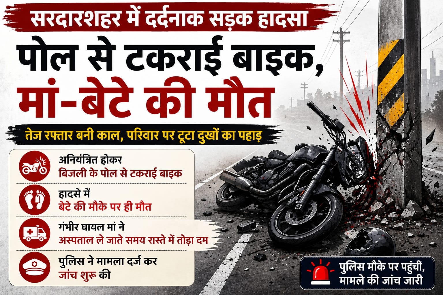 सरदारशहर में दर्दनाक सड़क हादसा: पोल से टकराई बाइक, मां-बेटे की मौत