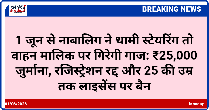 1 जून से नाबालिग ने थामी स्टेयरिंग तो वाहन मालिक पर गिरेगी गाज: ₹25,000 जुर्माना, रजिस्ट्रेशन रद्द और 25 की उम्र तक लाइसेंस पर बैन