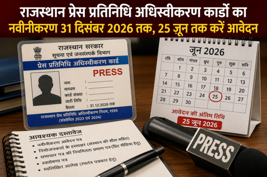 राजस्थान प्रेस प्रतिनिधि अधिस्वीकरण नियम 1995 (संशोधित 2023 एवं 2024) के तहत प्रिंट, इलेक्ट्रॉनिक, डिजिटल मीडिया एवं स्वतंत्र पत्रकारों के अस्थायी अधिस्वीकरण कार्डों का नवीनीकरण 31 दिसंबर 2026 तक किया जाएगा।