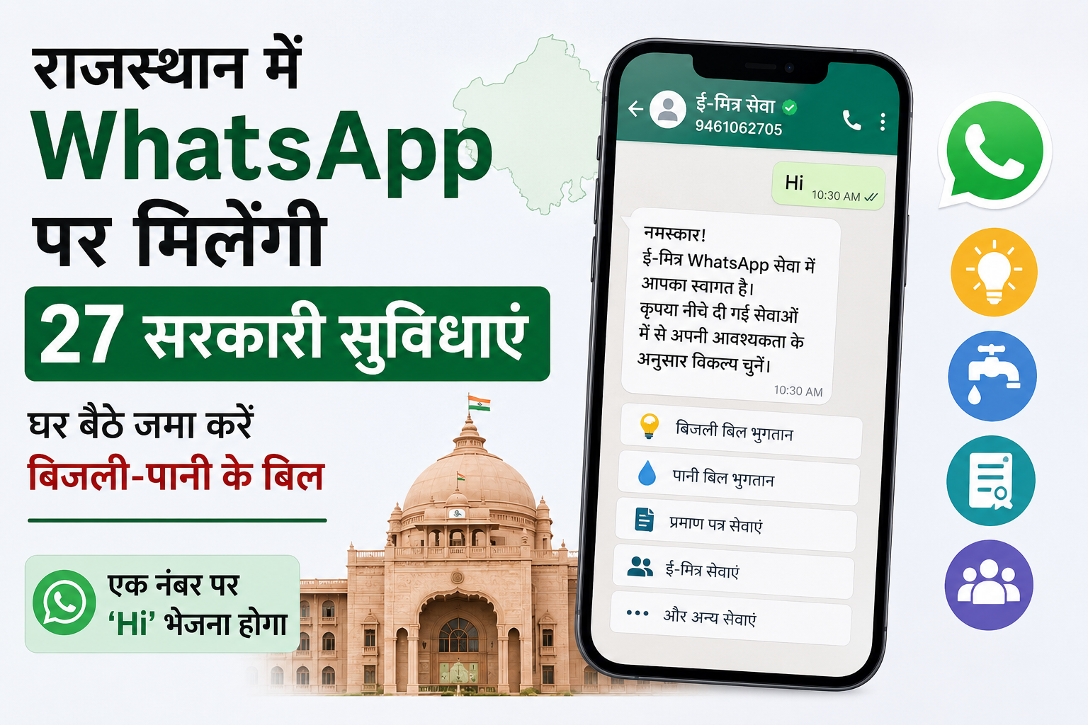 राजस्थान में WhatsApp से मिलेगी सरकार की 27 सेवाओं की सुविधा, घर बैठे जमा करें बिजली-पानी के बिल, सिर्फ 'Hi' भेजना होगा